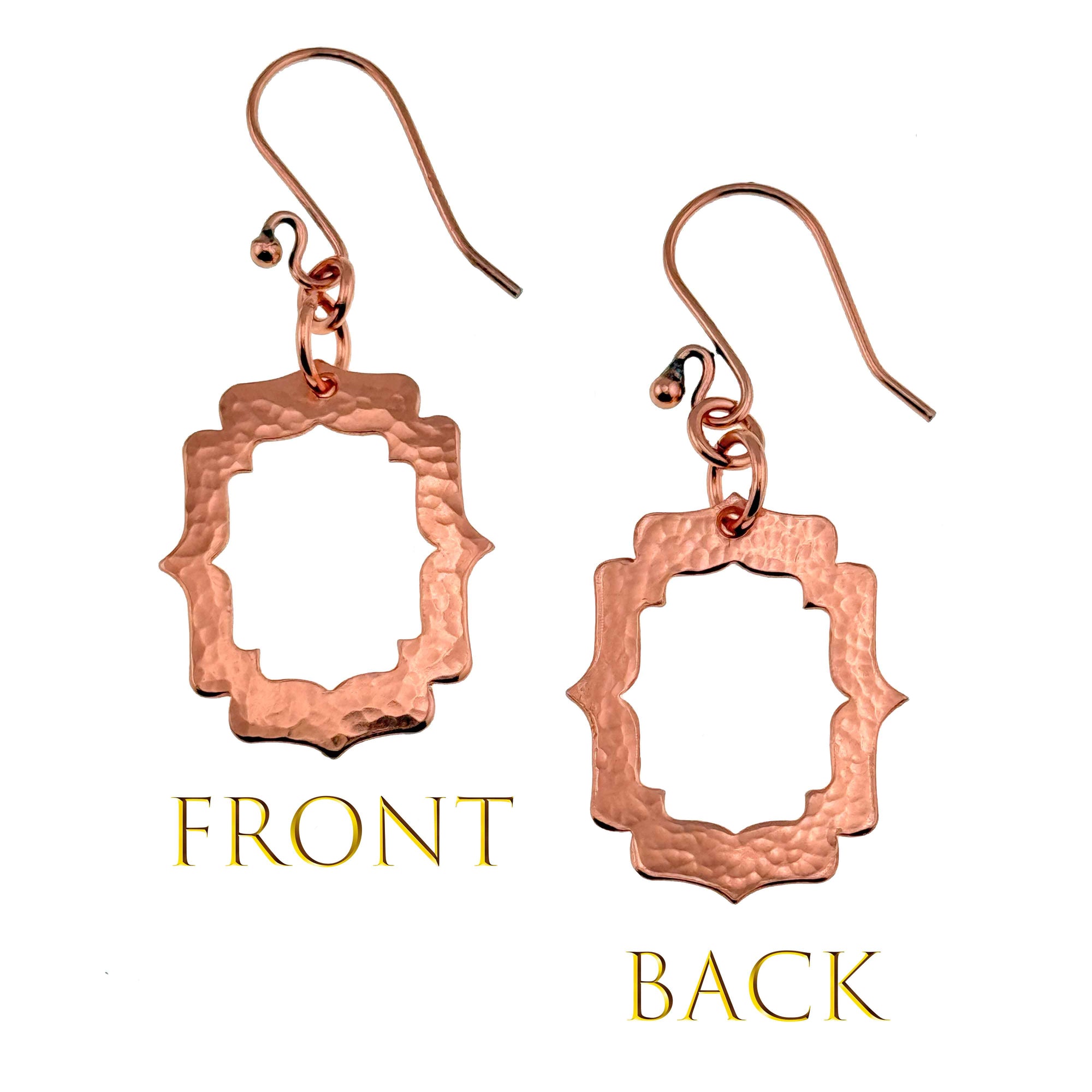 Front and Back Views of Small Pierced Hammered Copper Arabesque Shield Earrings