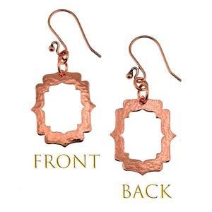 3 of 7: Front and Back Views of Small Pierced Hammered Copper Arabesque Shield Earrings