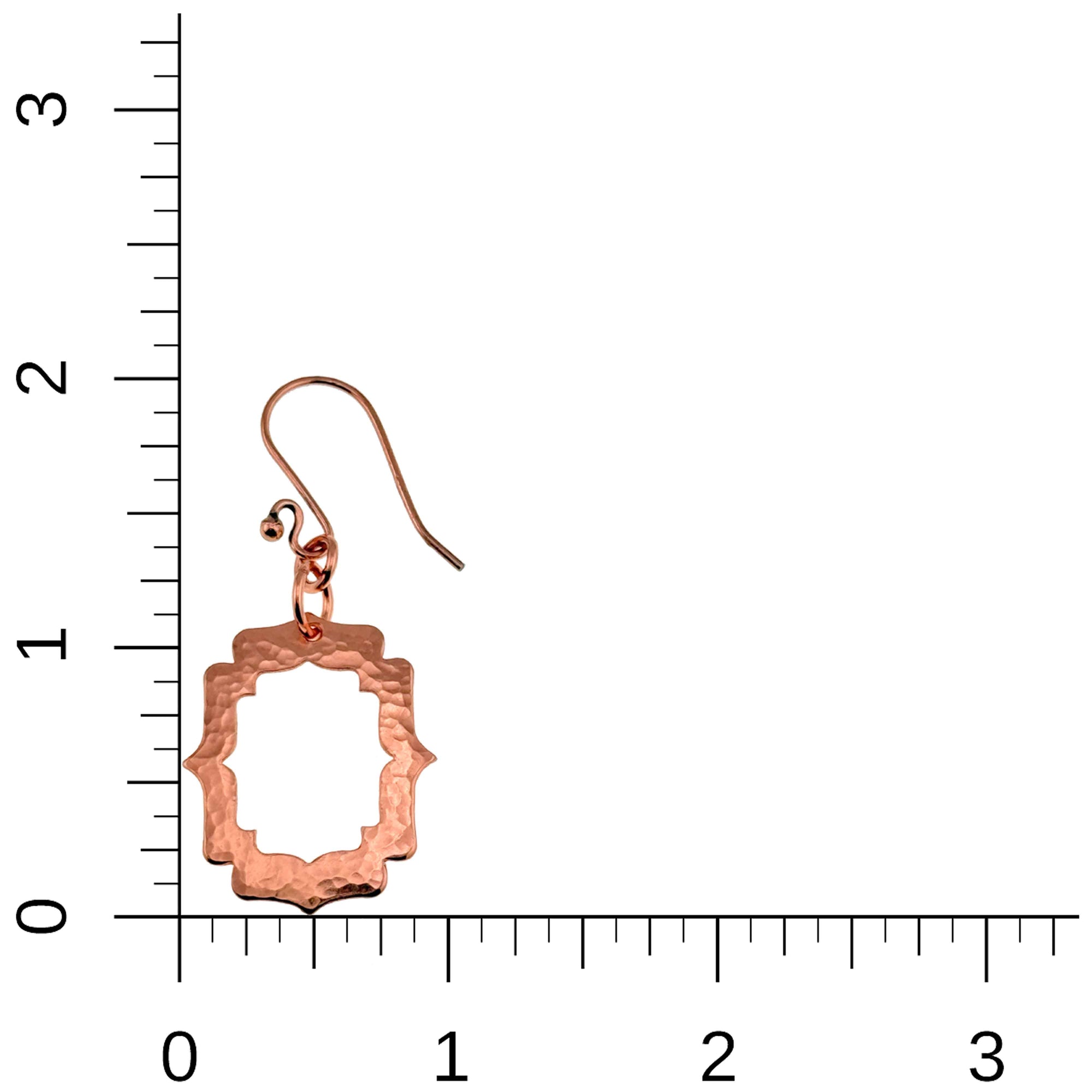 Small Pierced Hammered Copper Arabesque Shield Earrings on a Ruler for Size Dimensions