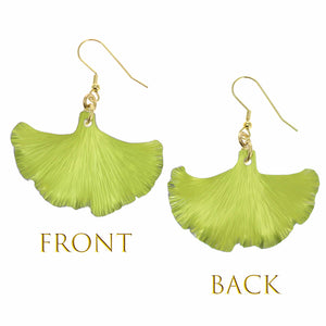 3 of 7: Front and Back Views of Medium Sour Candy Apple Anodized Aluminum Ginkgo Leaf Earrings