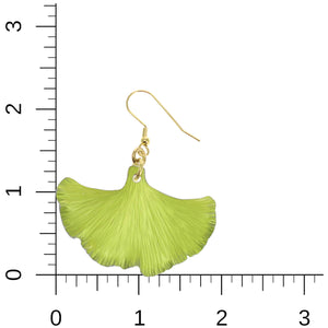5 of 7: Medium Sour Candy Apple Anodized Aluminum Ginkgo Leaf Earrings on a Ruler for Size Dimensions