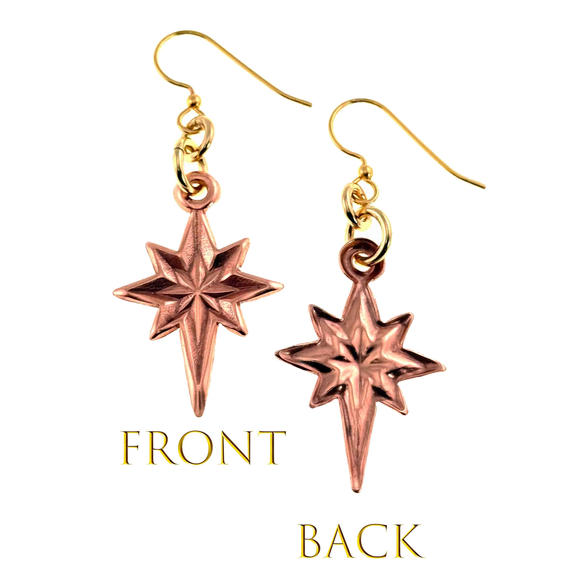 Pair of Star of Bethlehem Copper Dangle Earrings showing front and back views on a white background.