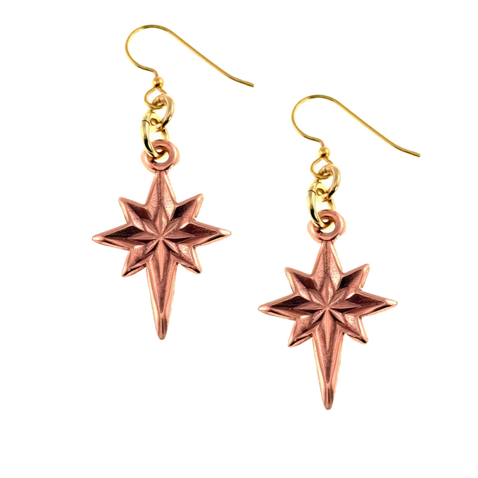 Pair of Star of Bethlehem Copper Dangle Earrings with gold hooks on a white background