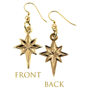 3 of 7: Star of Bethlehem Nu Gold Brass Dangle Earrings showing front and back views on a white background.