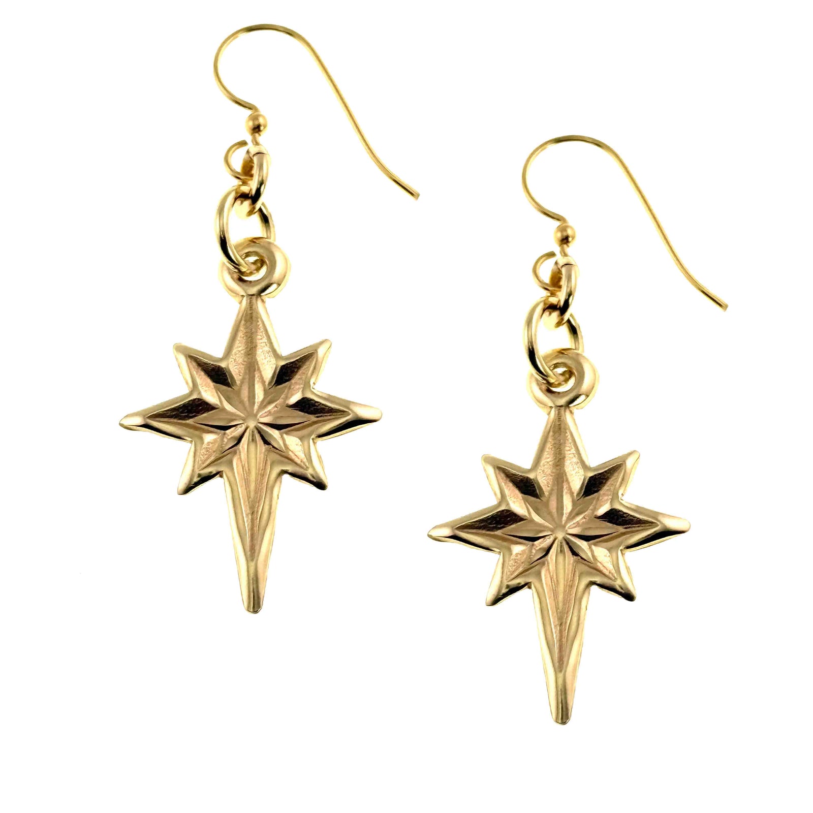 Star of Bethlehem Nu Gold Brass Dangle Earrings on a white background