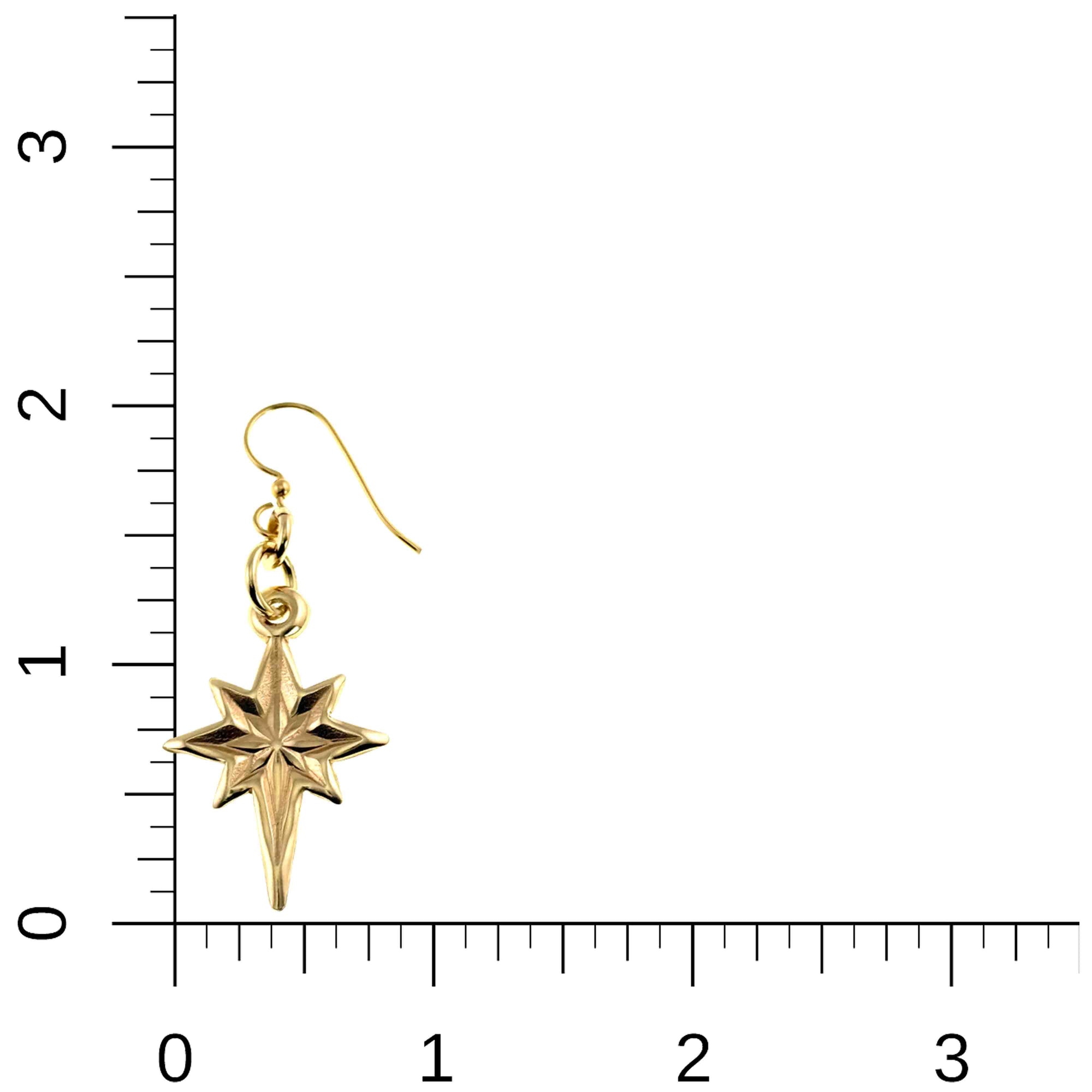 Star of Bethlehem Nu Gold Brass Dangle Earrings on a ruler for scale