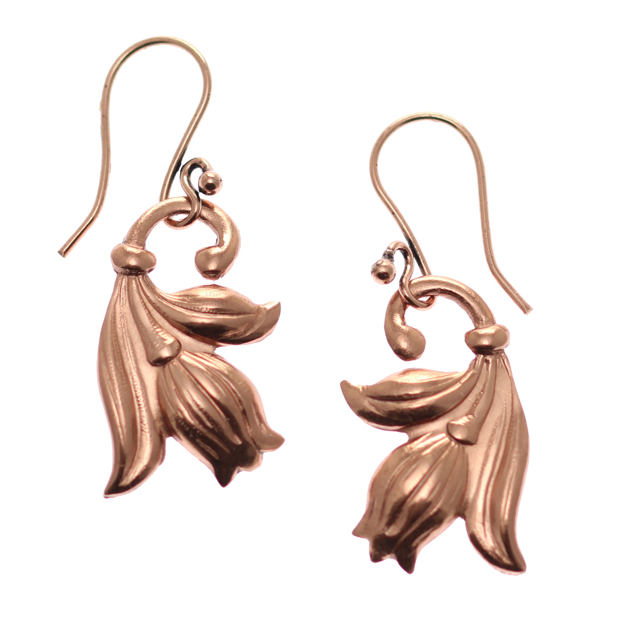 A Pair of Tulip Flower Copper Dangle Earrings on a White Background