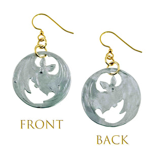 3 of 8: Front and back view of Vampire Bat Aluminum Disc Earrings. Handmade brushed aluminum round disc earrings feature a detailed flying bat cutout design suspended from gold tone French ear wires. Reverse side shows smooth brushed finish and handcrafted metalwork details.