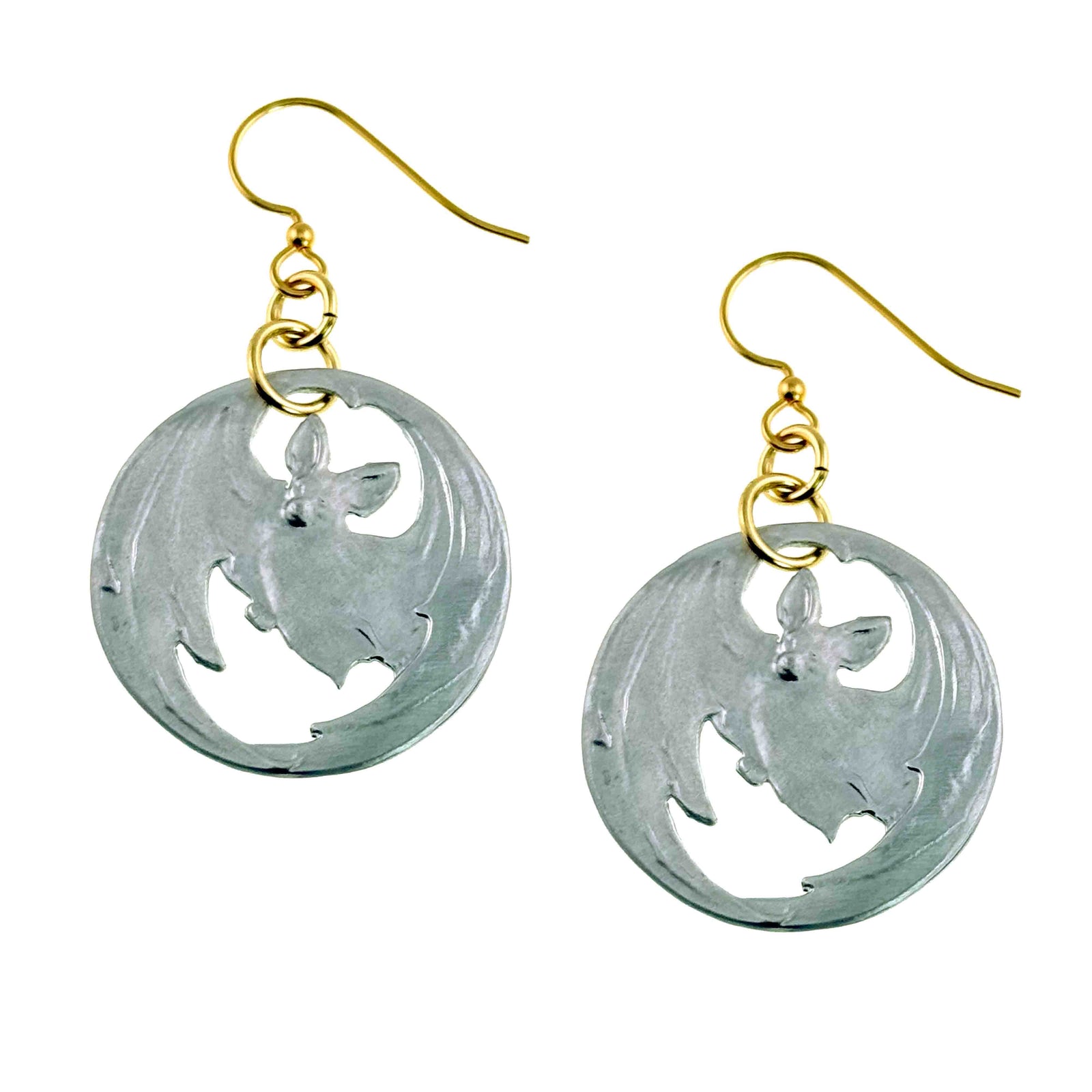 Pair of Vampire Bat Aluminum Disc Earrings displayed on white background. Handmade brushed aluminum earrings feature circular discs with flying bat cutout details and gold tone French ear wires. Lightweight contemporary gothic jewelry design with soft brushed finish.