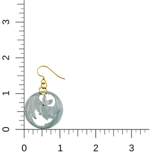 5 of 8: Vampire Bat Aluminum Disc Earring shown beside inch measurement grid for size reference. Handmade brushed aluminum round disc features a bat silhouette cutout with gold tone French ear wire. Earring measures approximately 1 3/4 inches long by 1 inch wide.