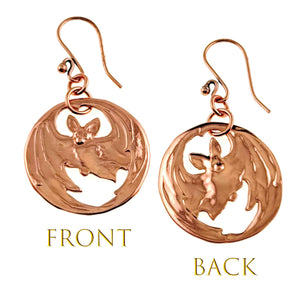 3 of 7: Front and Back Views of Vampire Bat Copper Disc Earrings on a white background