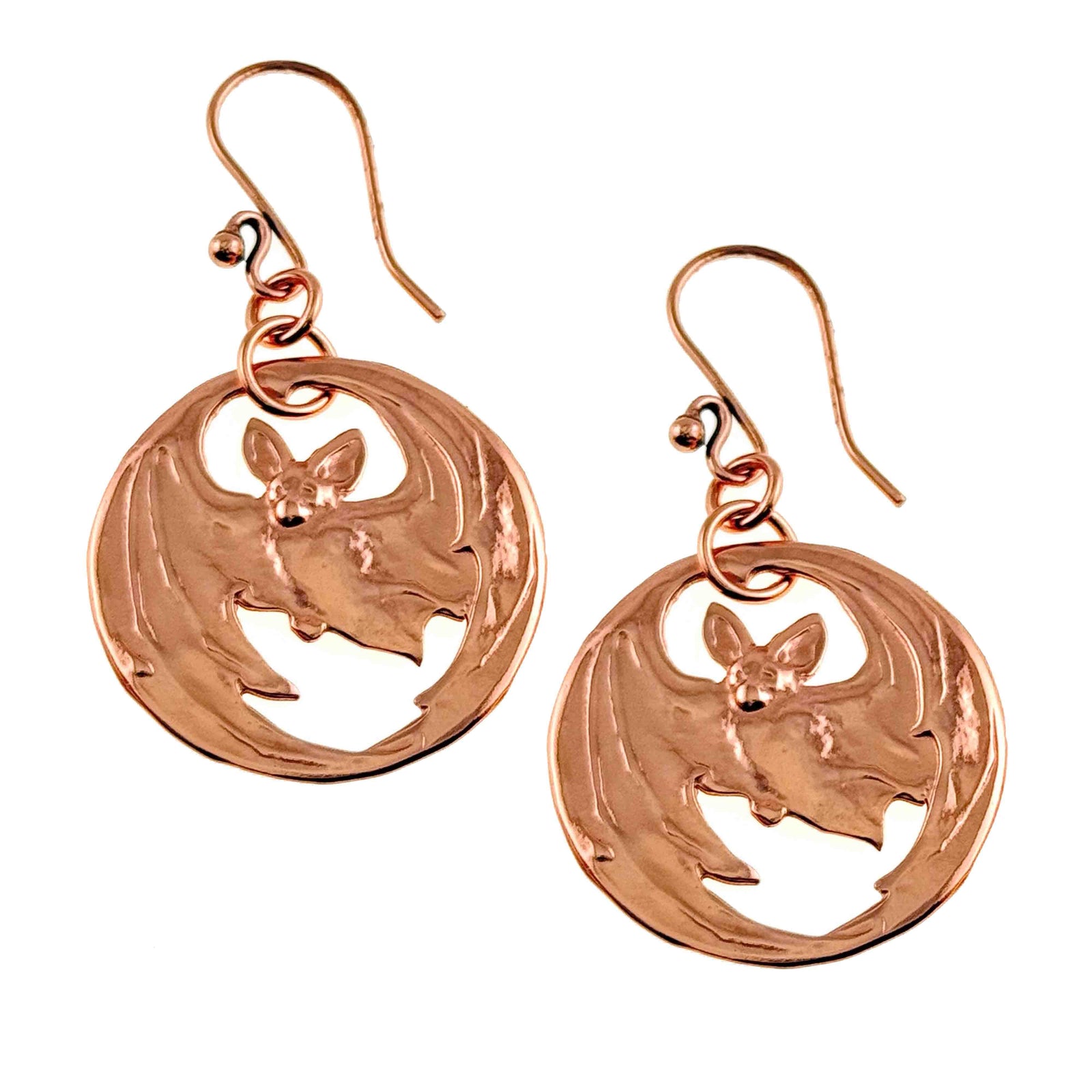 Vampire Bat Copper Disc Earrings on a white background