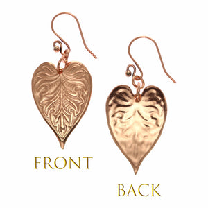 3 of 7: Victorian Copper Heart Leaf Drop Earrings - Front and Back View