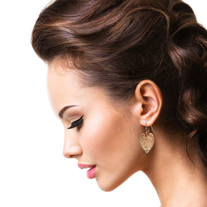 6 of 7: Stunning Woman Wearing Victorian Copper Heart Leaf Drop Earrings
