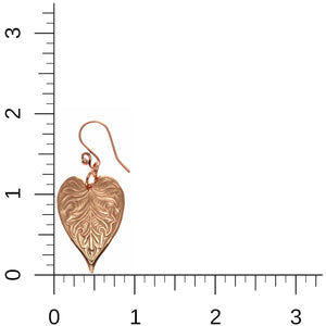 5 of 7: Victorian Copper Heart Leaf Drop Earrings on Ruler for Dimensions