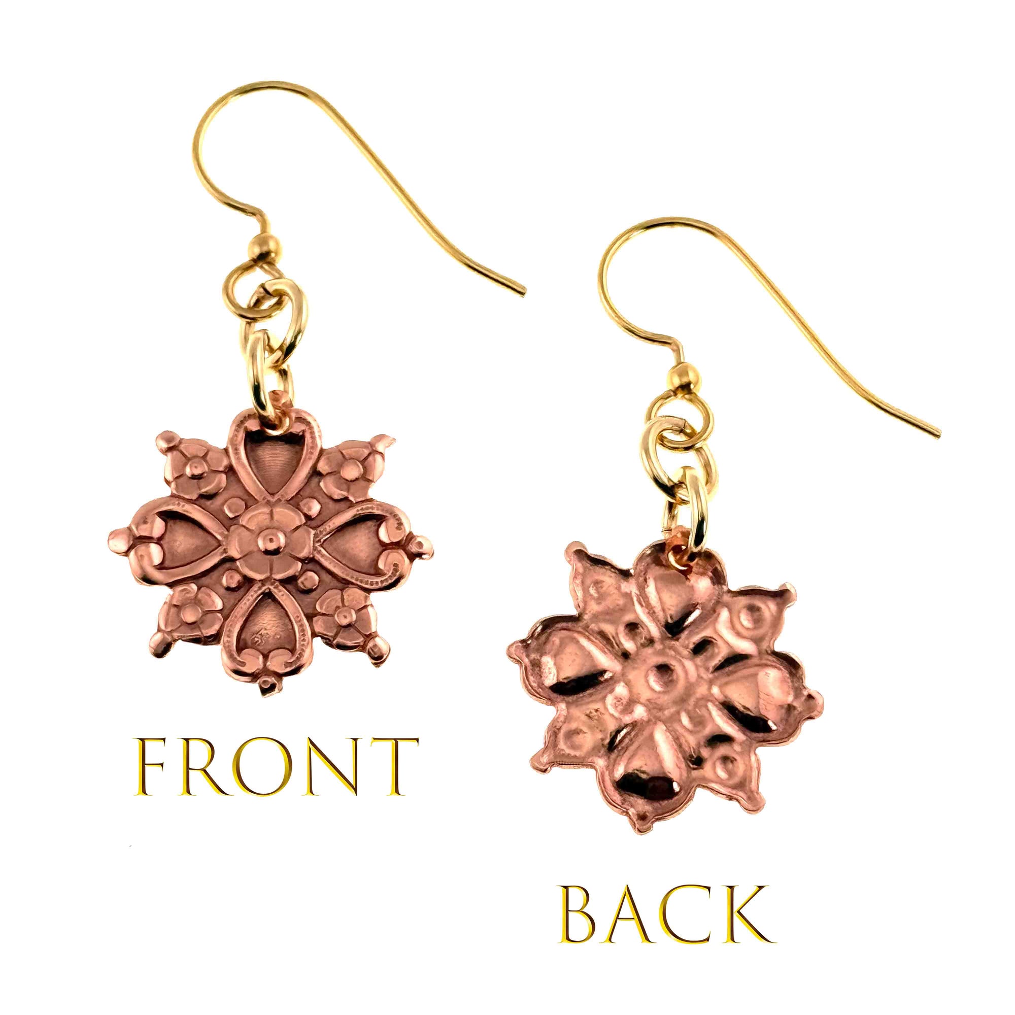 Victorian Copper Snowflake Dangle Earrings showing front and back views on a white background