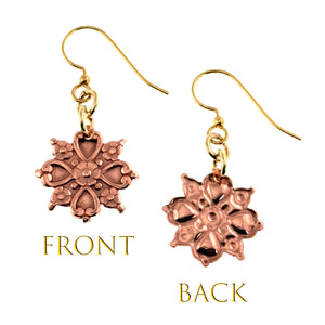 3 of 7: Victorian Copper Snowflake Dangle Earrings showing front and back views on a white background