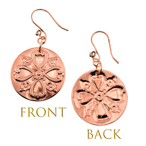 3 of 7: Front and Back Views of Victorian Flower Copper Disc Earrings