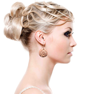 4 of 7: An Elegant Woman Wearing Victorian Flower Copper Disc Earrings