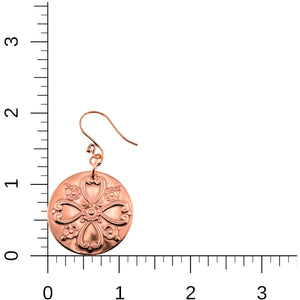 5 of 7: Victorian Flower Copper Disc Earrings on a Ruler for Size Dimensions