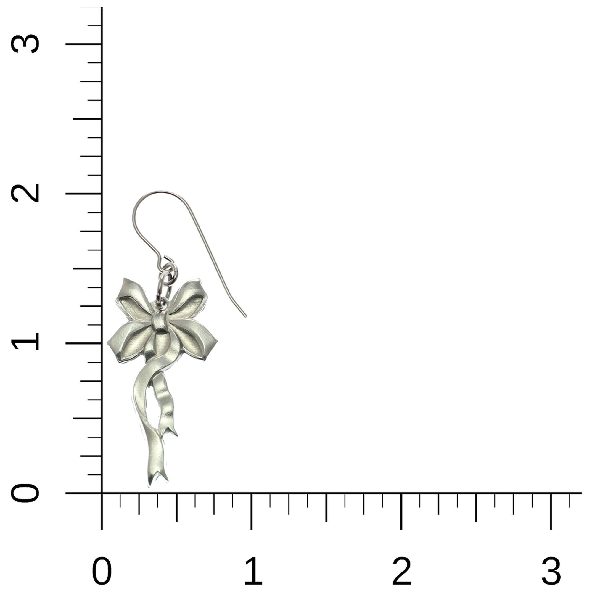 Yuletide Ribbon Aluminum Dangle Earrings on Ruler for Size Dimensions