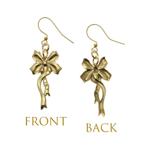 3 of 7: Yuletide Ribbon Nu Gold Brass Dangle Earrings Front and Back View