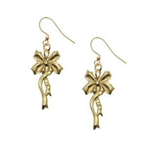 1 of 7: A Pair of Yuletide Ribbon Nu Gold Brass Dangle Earrings on a White Background