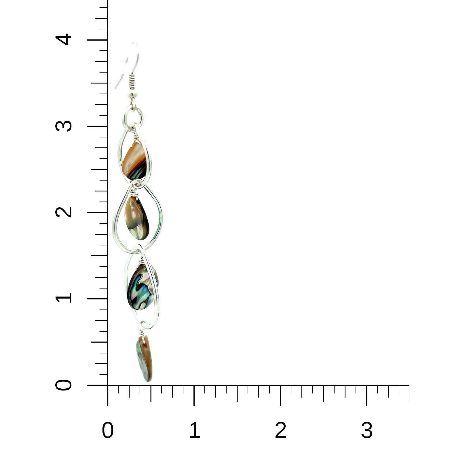 Abalone Fine Silver Chandelier Earrings on a Ruler for Size Dimensions