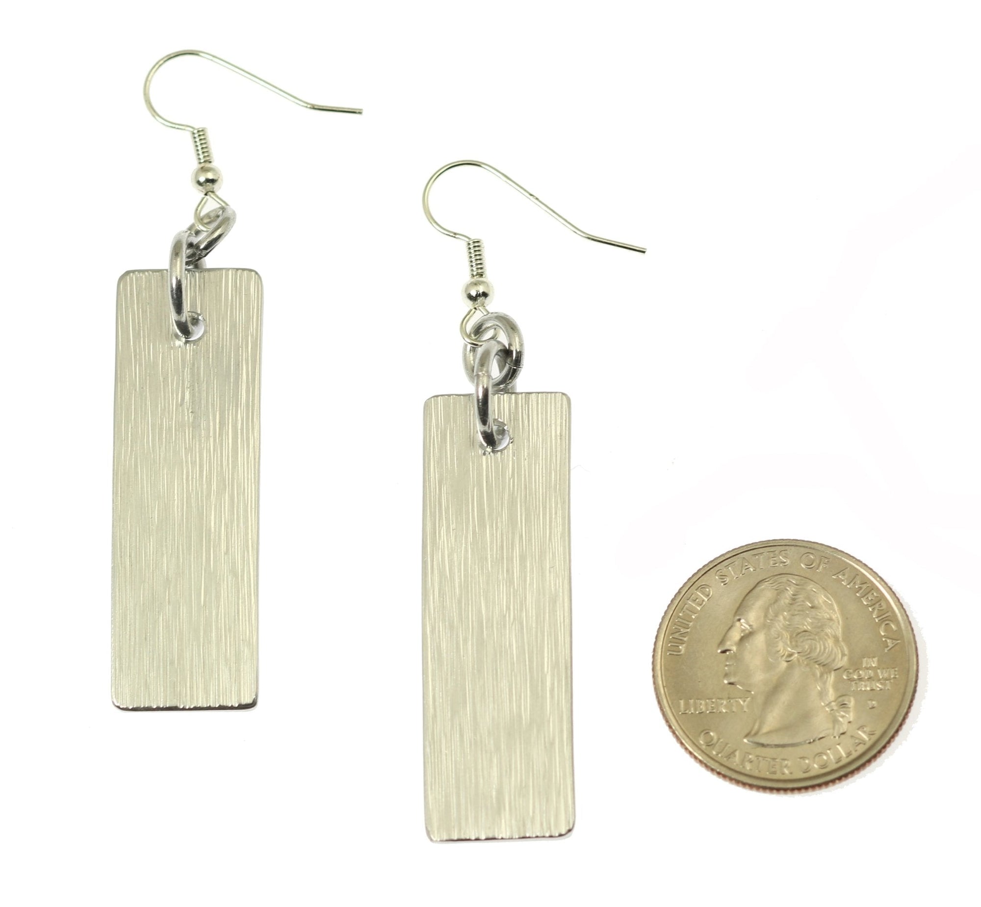 Size of Aluminum Bark Dangle Earrings compared to a US Quarter Coin
