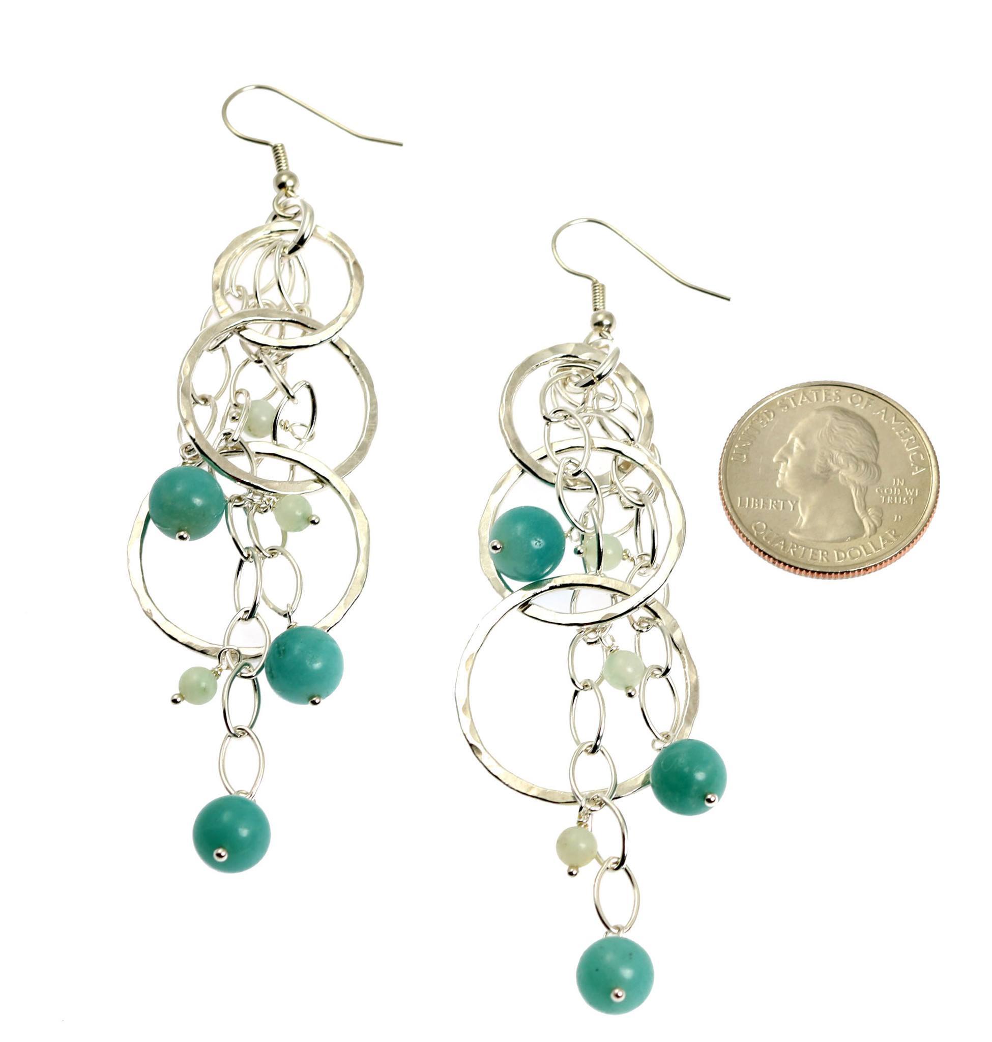 Size of Amazonite Hammered Fine Silver Earrings compared to a US Quarter Coin