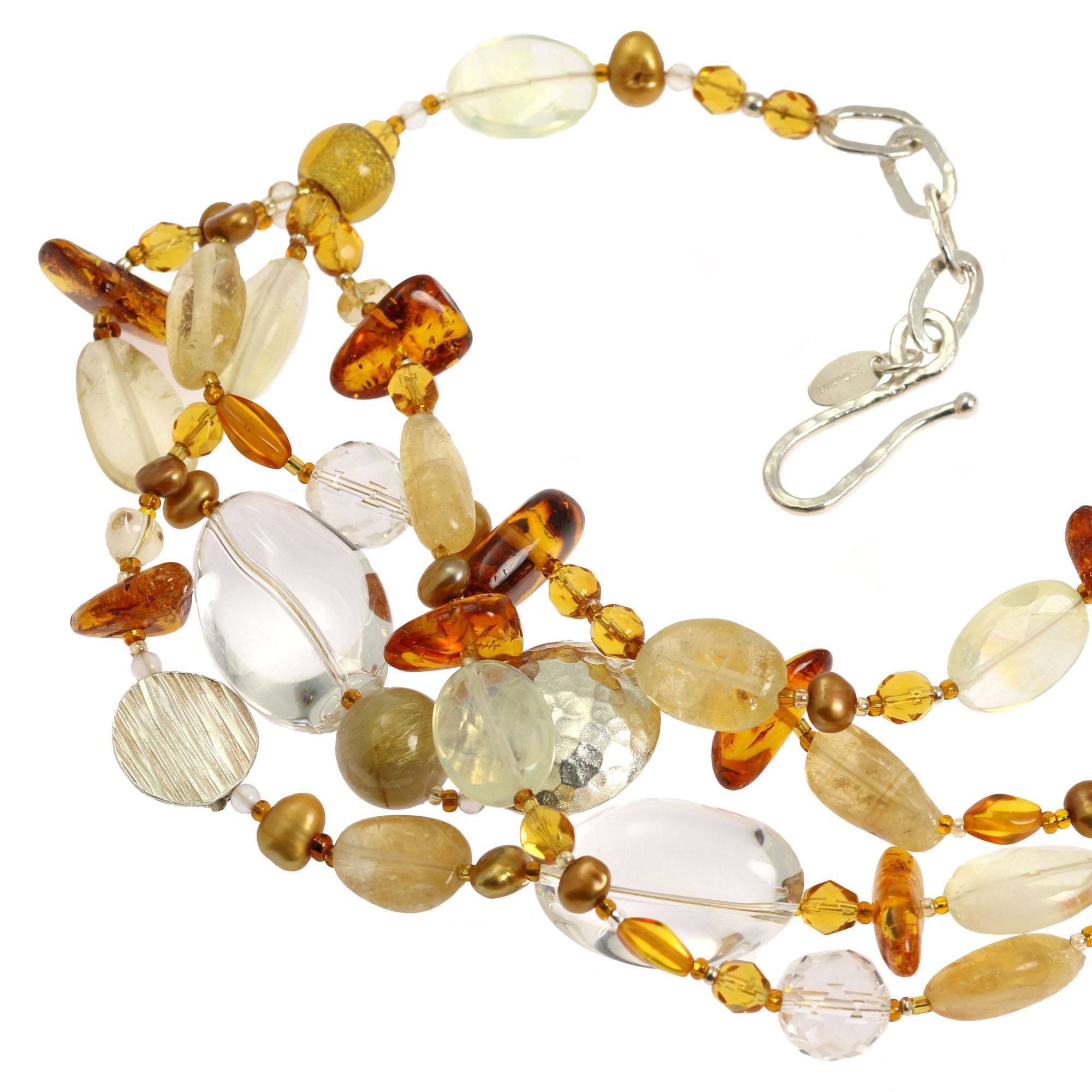 Detail View of Amber Citrine Crystal Quartz Beaded Necklace on a White Background