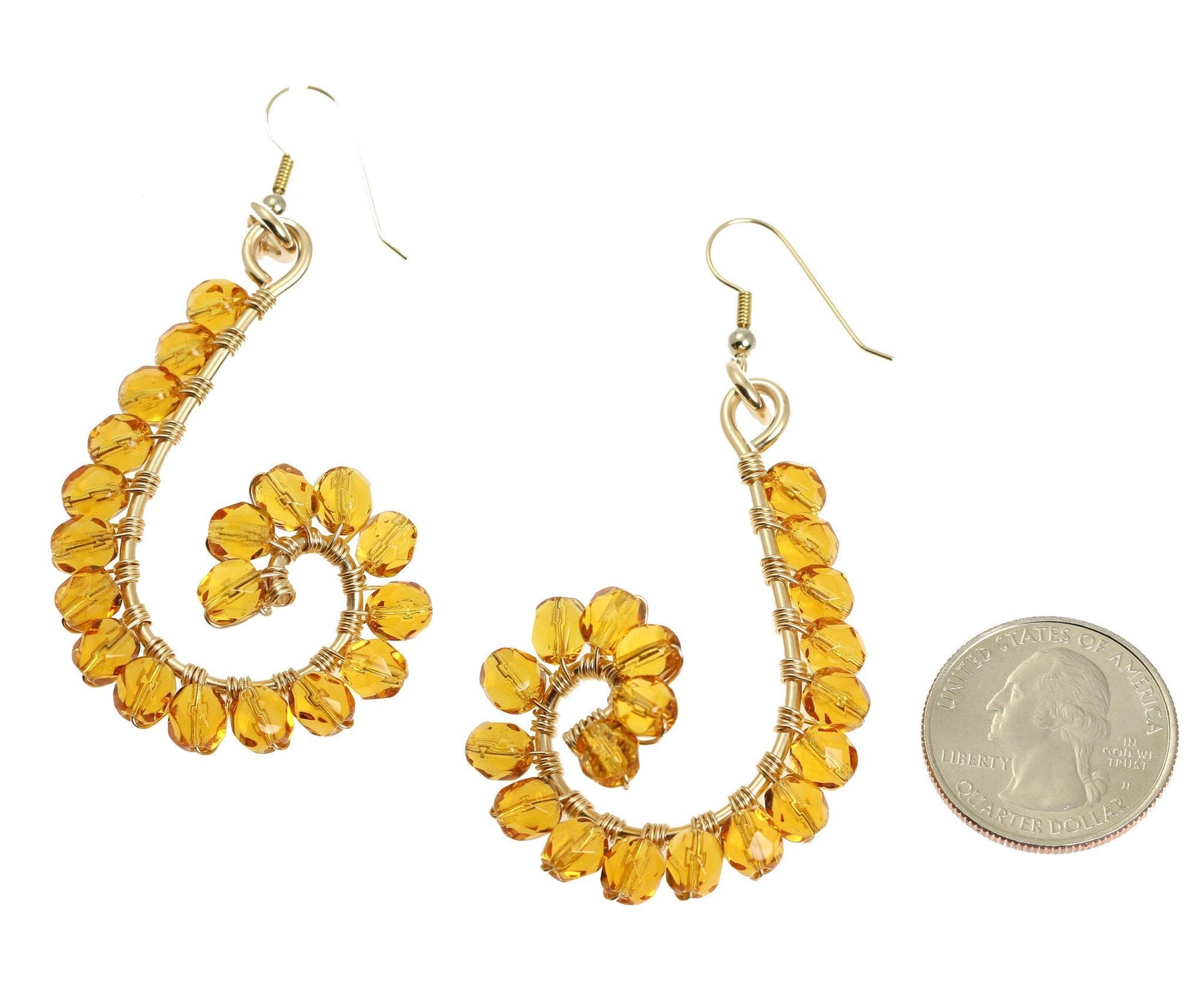 Size of Amber Wire Wrapped 14K Gold-filled Earrings compared to a US Quarter Coin