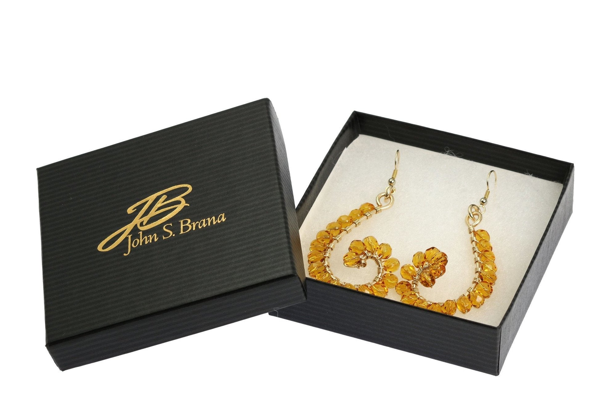 Amber Wire Wrapped 14K Gold-filled Earrings in a Black Gift Box with Gold Logo