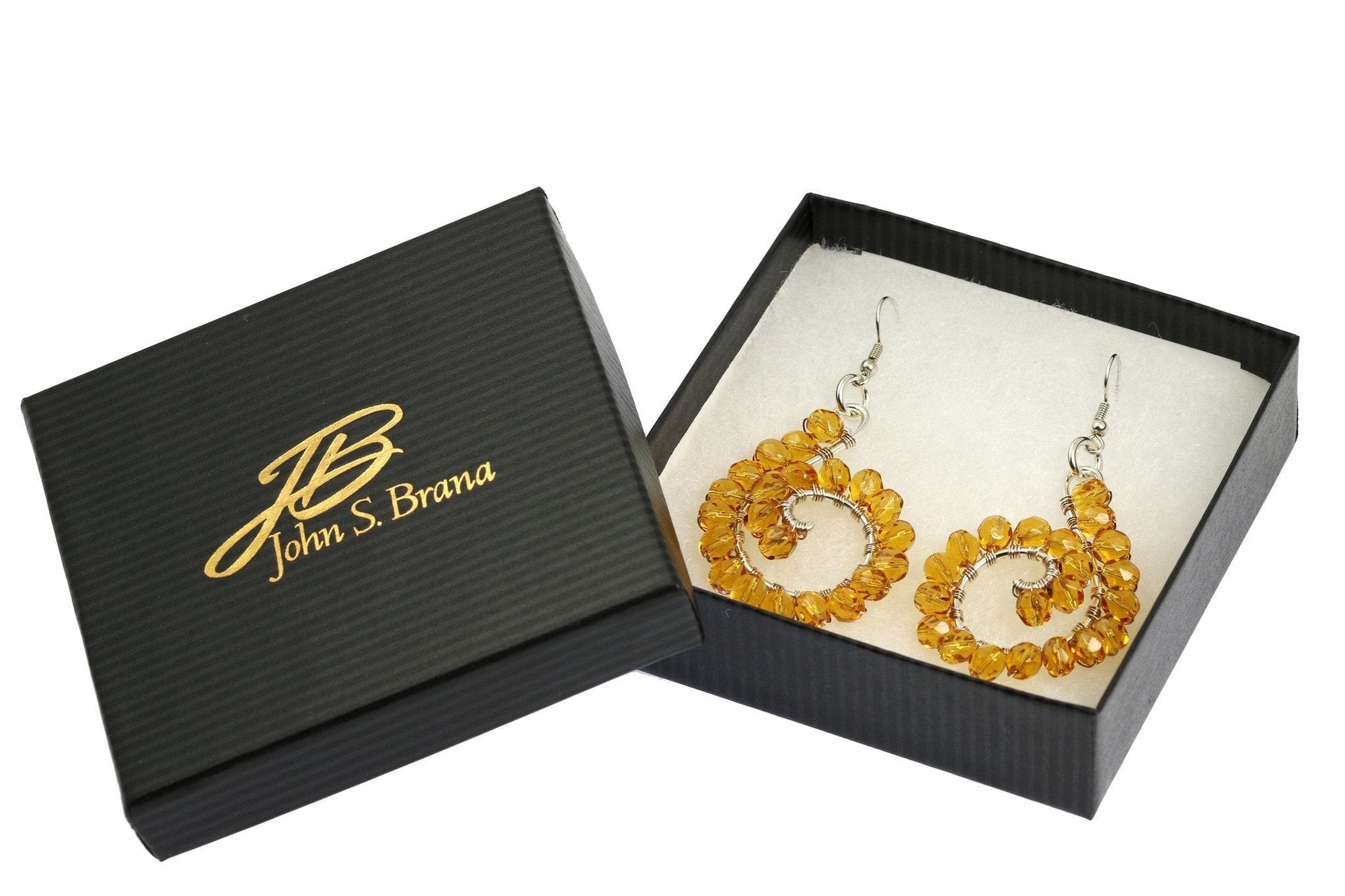 Amber Wire Wrapped Sterling Silver Earrings in a Black Gift Box with Gold Logo