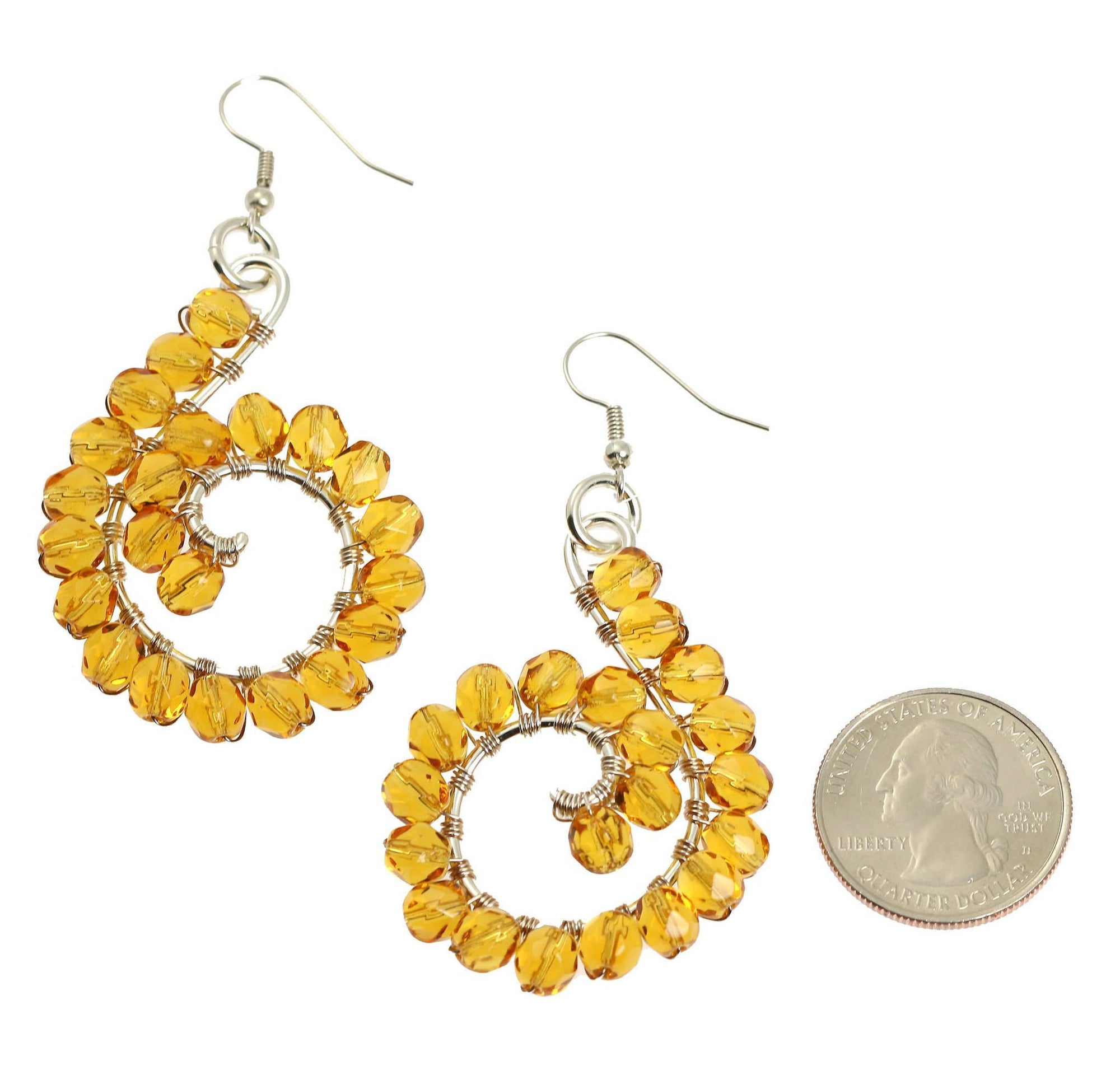 Size of Amber Wire Wrapped Sterling Silver Earrings compared to a US Quarter Coin