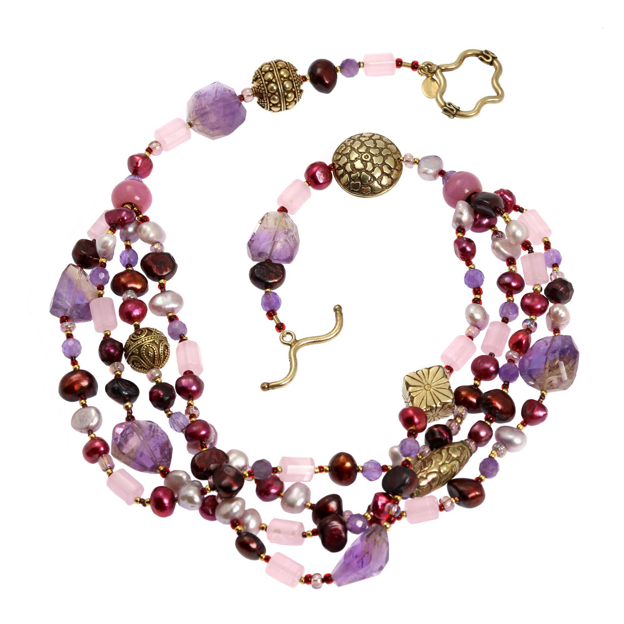 Amethyst Rose Quartz Beaded Gemstone Necklace Detail View