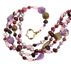 5 of 5: Amethyst Rose Quartz Beaded Gemstone Necklace Close Up View of Clasp