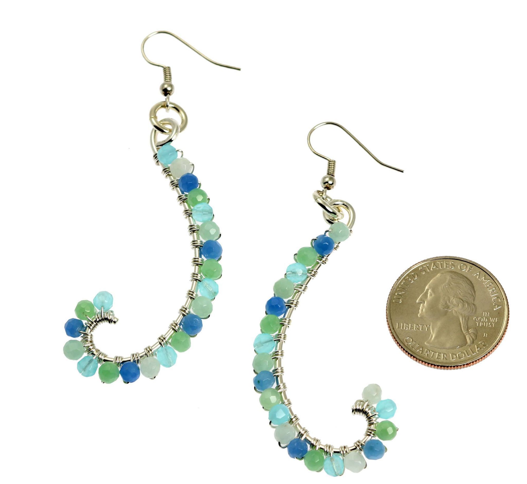 Size of Blue Obsidian Wire Wrapped Sterling Silver Earrings compared to a US Quarter Coin