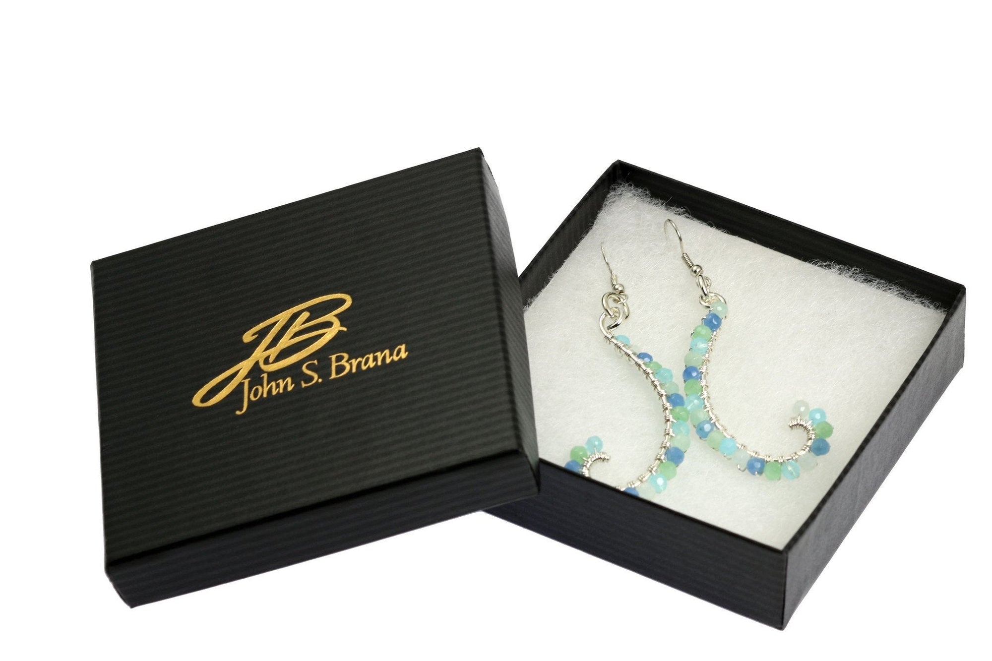 Blue Obsidian Wire Wrapped Sterling Silver Earrings in a Black Gift Box with a Gold Logo