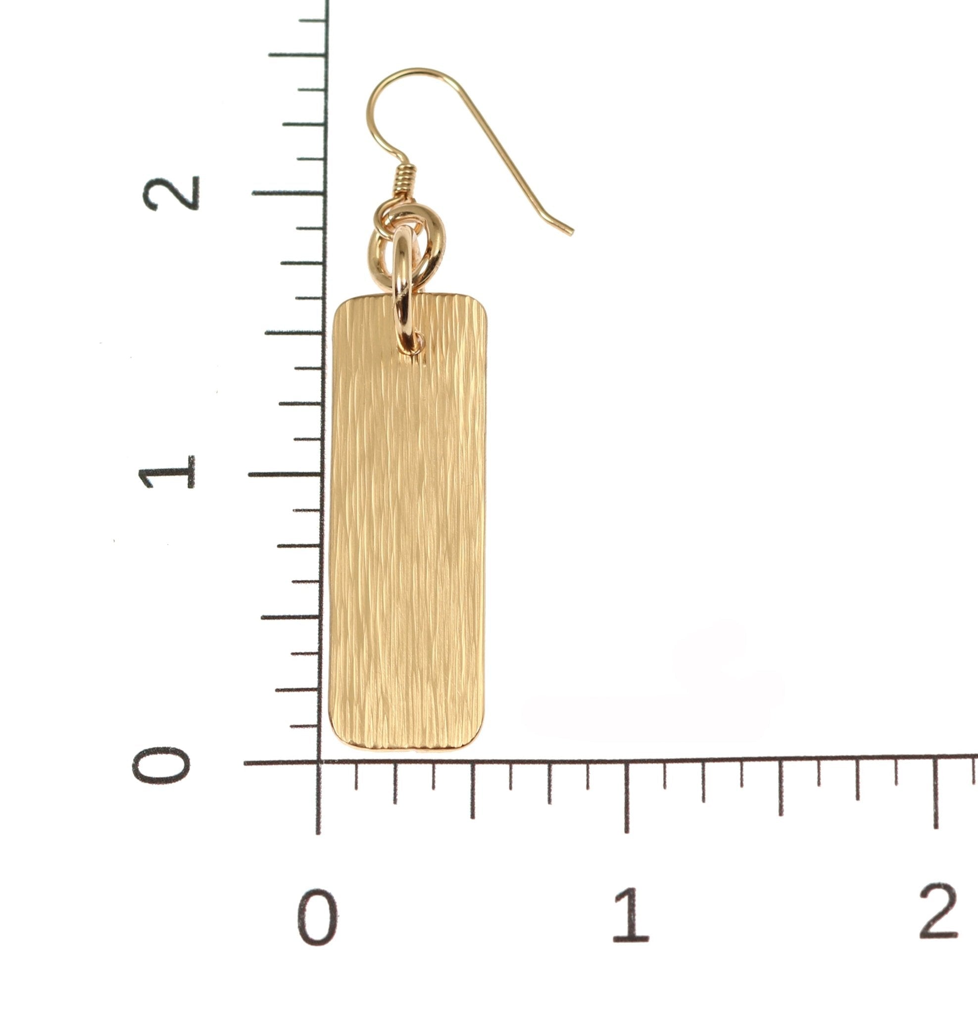 Bronze Bark Dangle Earrings on a Ruler for Size Dimensions