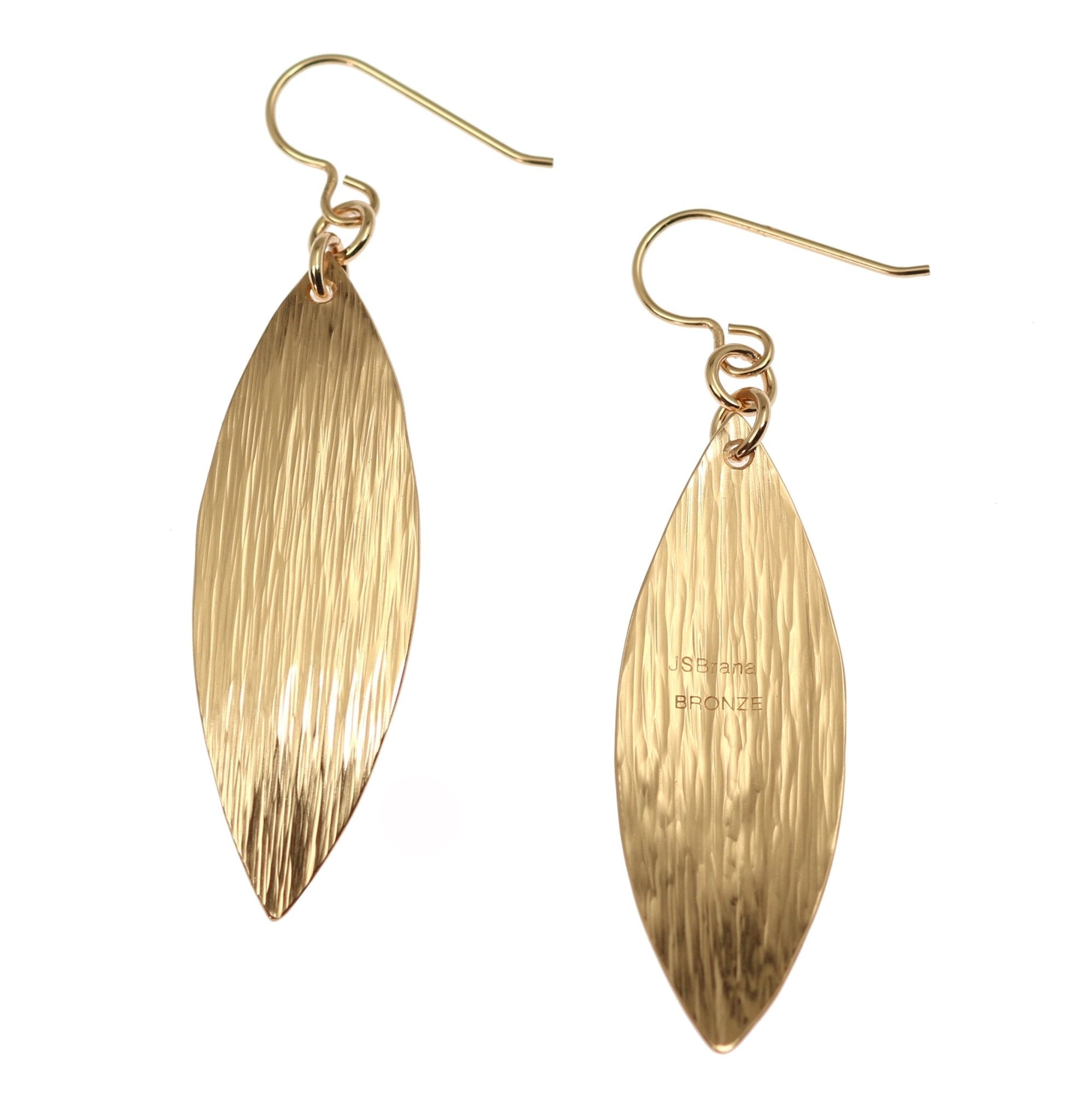 Front and Back Views of Bronze Bark Leaf Drop Earrings