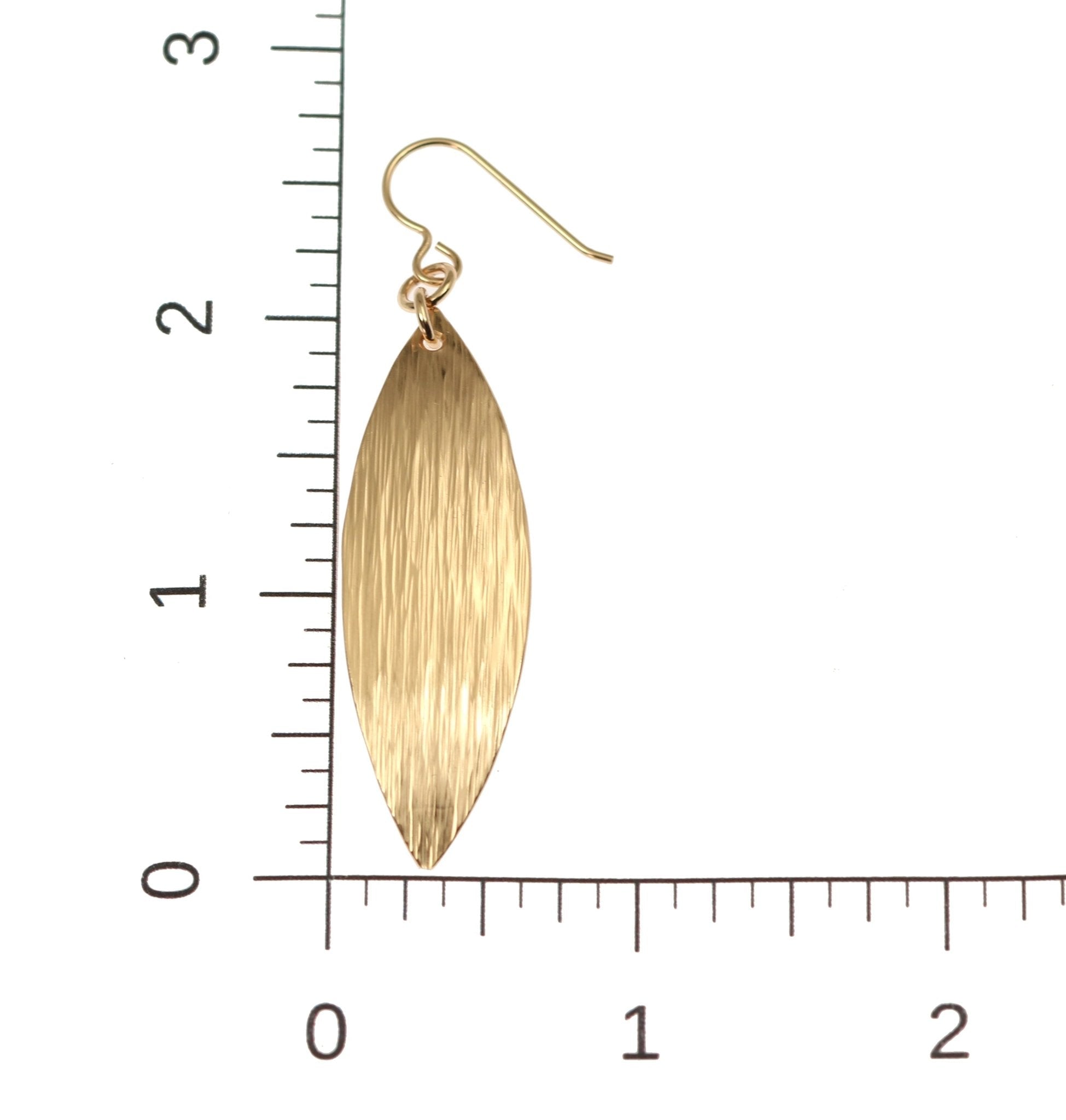 Size Dimensions of Bronze Bark Leaf Drop Earrings on a Ruler