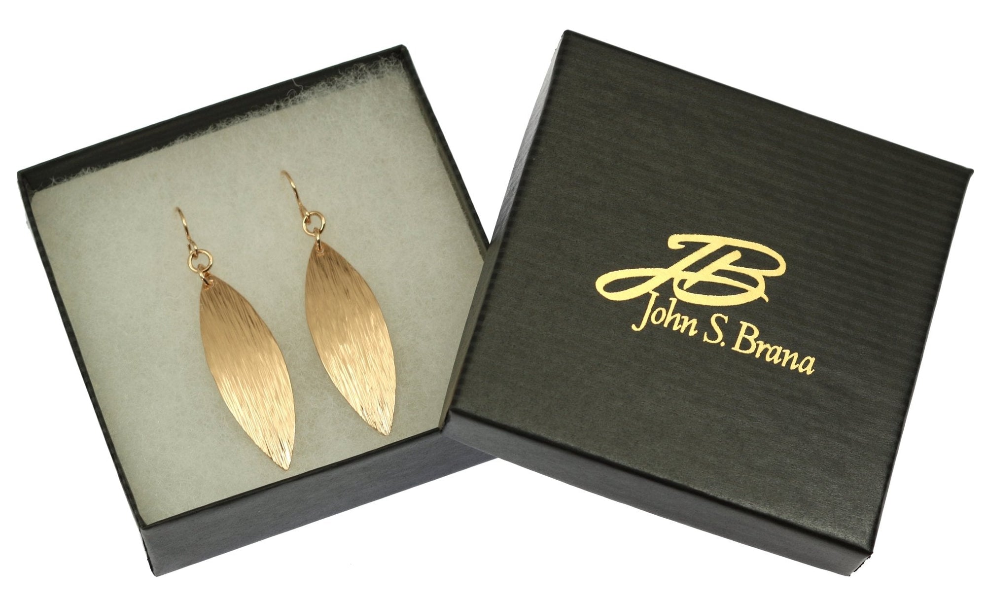 Bronze Bark Leaf Drop Earrings in a Black Gift Box with Gold Logo