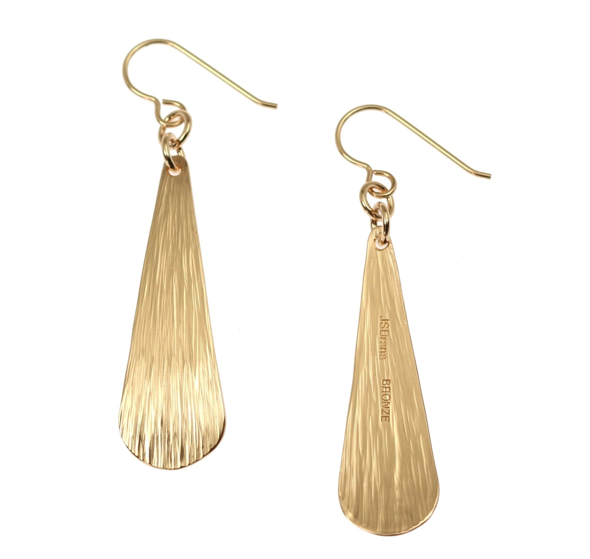 Front and Back Views of Bronze Bark Long Teardrop Earrings
