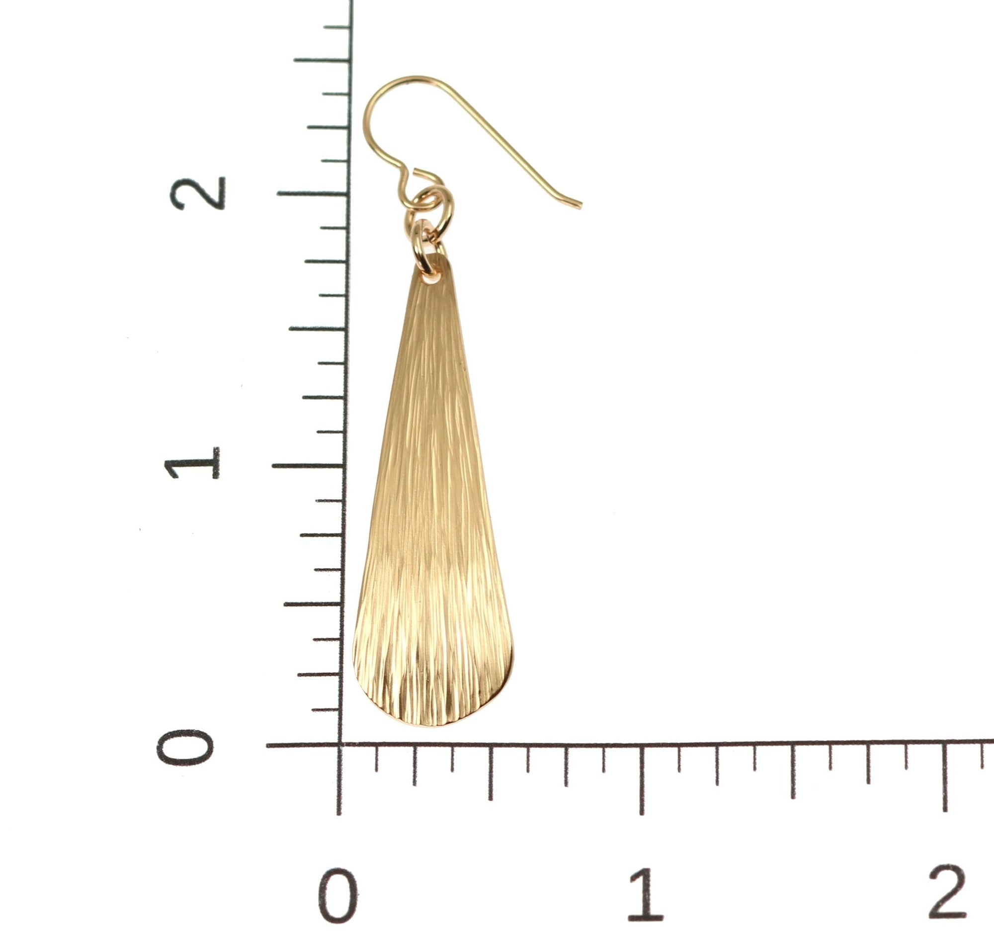 Bronze Bark Long Teardrop Earrings on a Ruler for Size Dimensions
