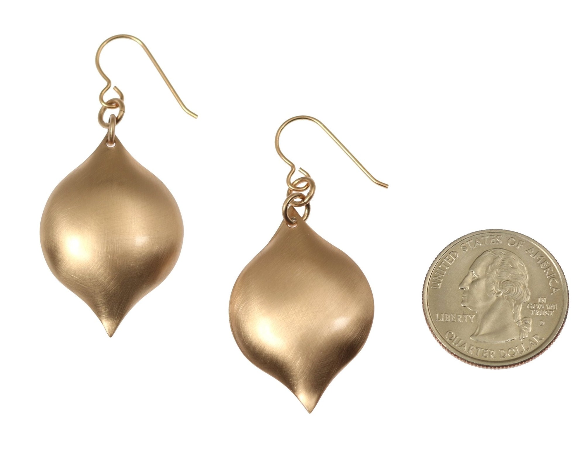 Size of Brushed Bronze Marrakesh Drop Earrings compared to a US Quarter Coin