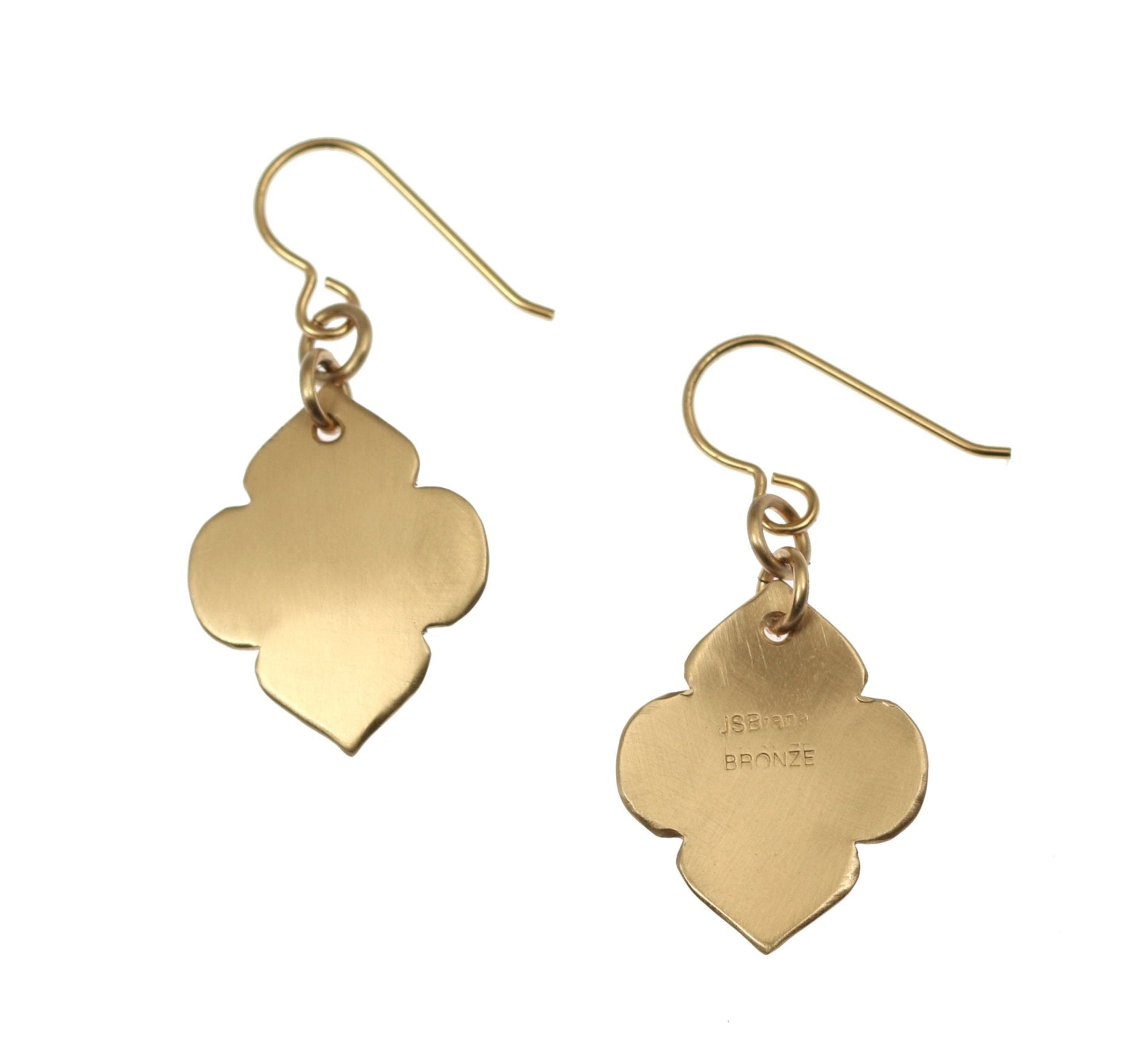 Front and Back View of Brushed Bronze Quatrefoil Dangle Earrings