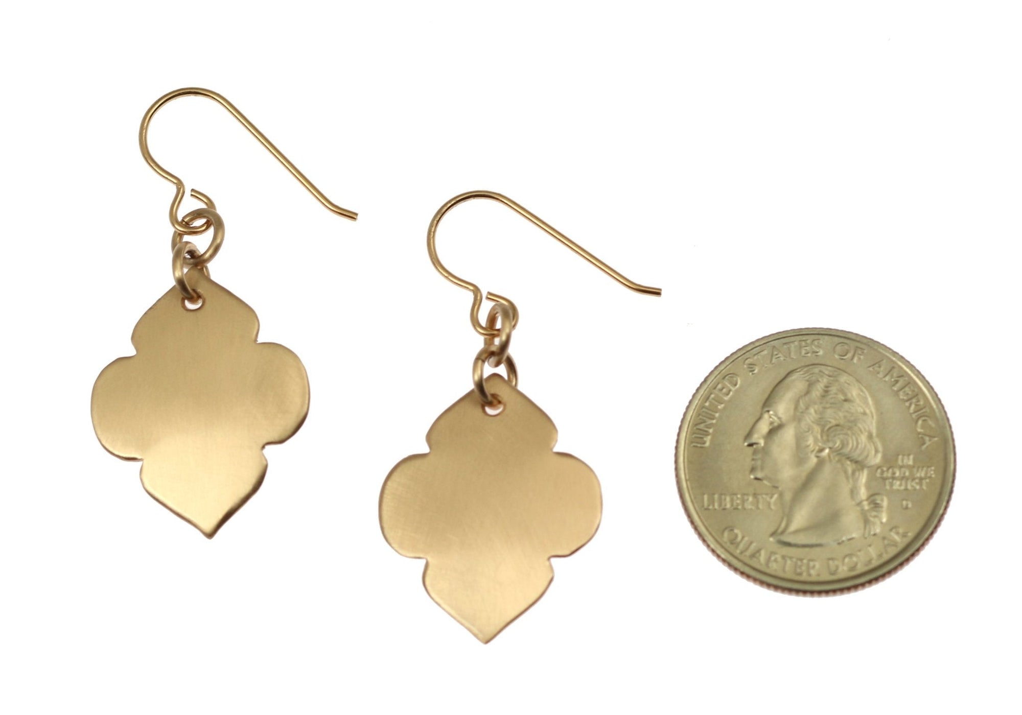 Size of Brushed Bronze Quatrefoil Dangle Earrings compared to US Quarter Coin