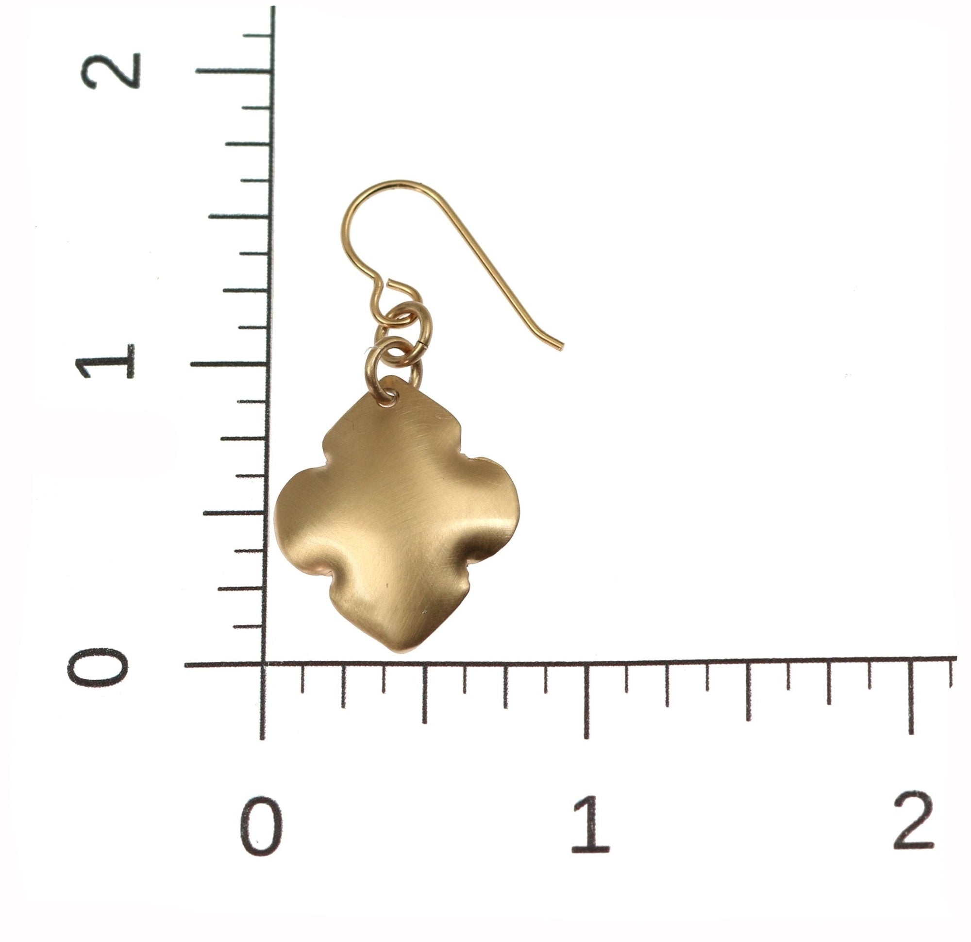 Scale of Brushed Bronze Quatrefoil Drop Earrings on a Ruler for Size Dimensions