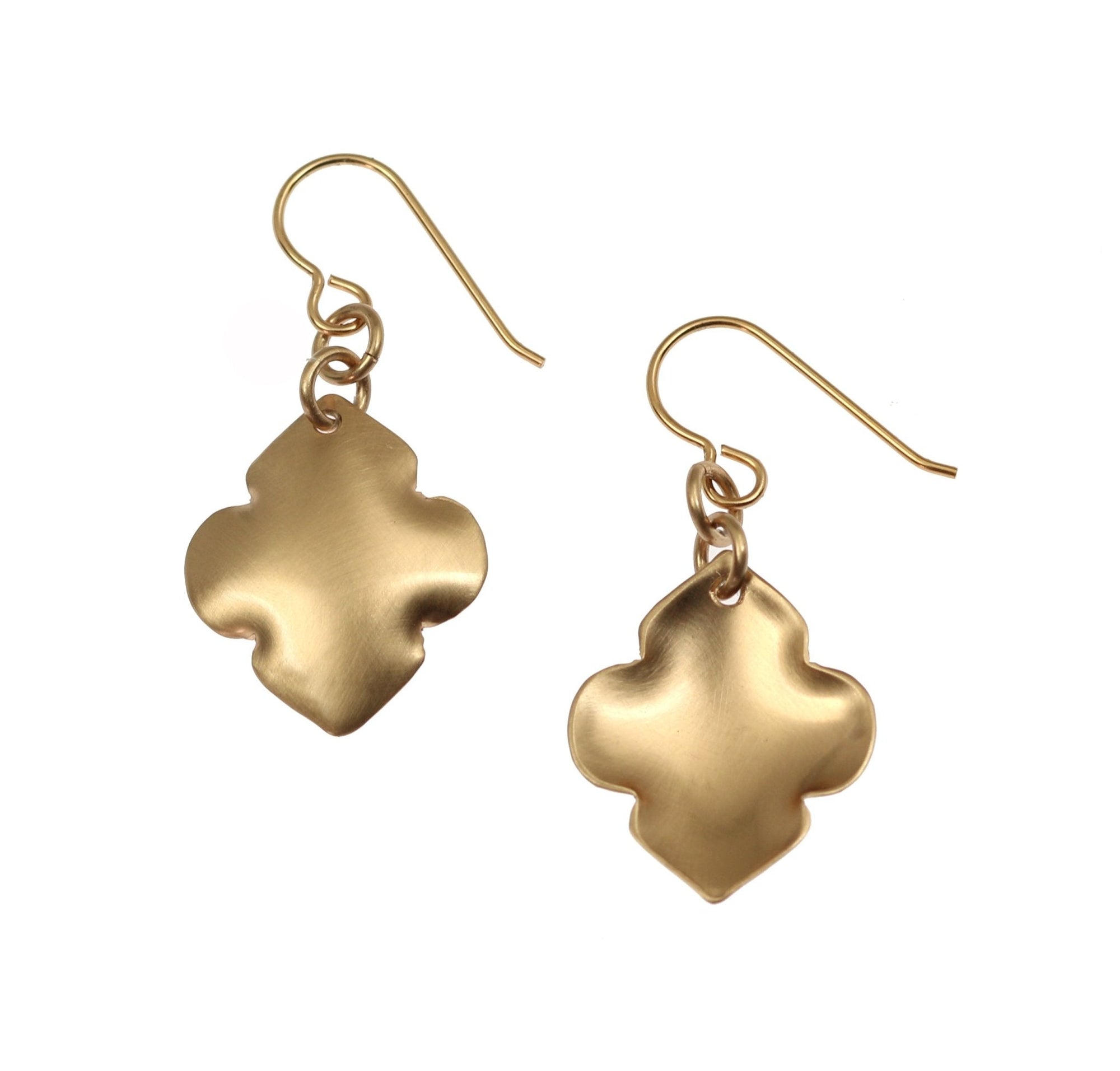 Front and Back View of Brushed Bronze Quatrefoil Drop Earrings